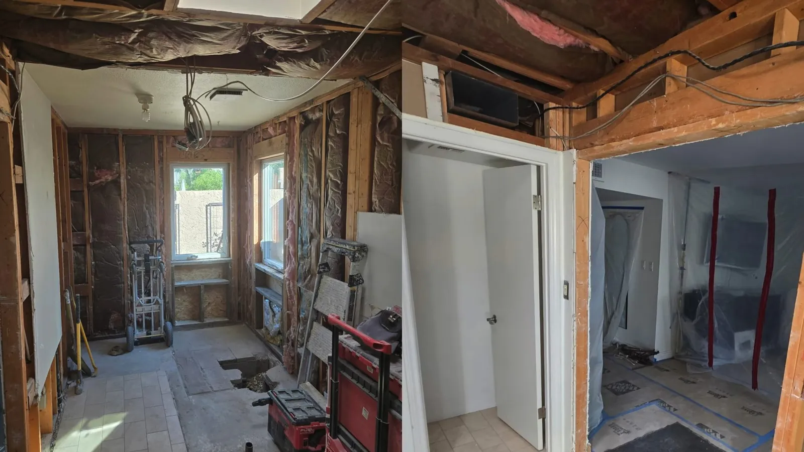 Gutted room with exposed studs, an open ceiling and tools stacked in the doorway.