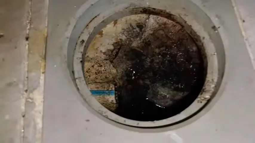 Round floor drain with dark standing water in a gray floor.