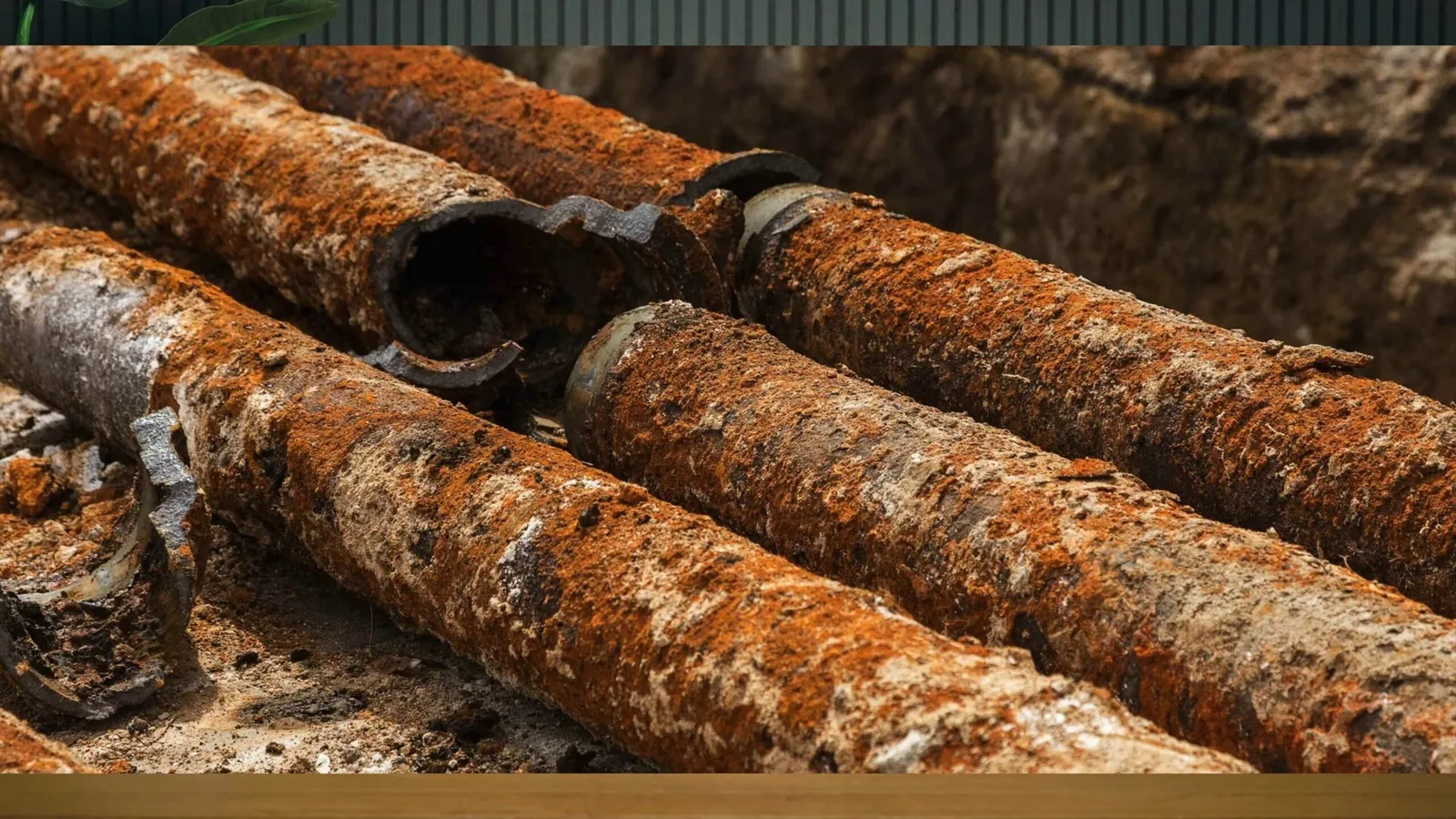 Three heavily rusted metal pipes lying together in a dug excavation.