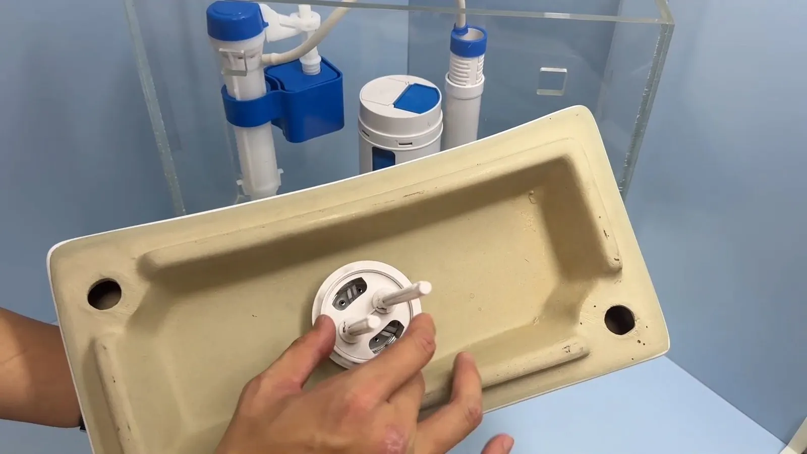 Toilet tank lid held upside down beside the fill valve and flush valve in the tank.