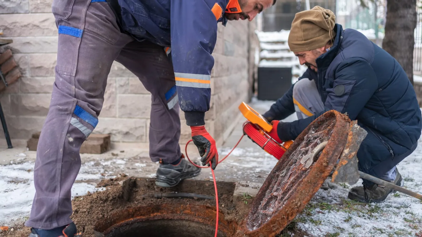 Two workers in winter jackets kneeling at an open manhole with an orange cord running in.