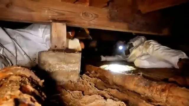 Worker in a white protective suit and headlamp crawling under floor joists beside a rusted pipe.